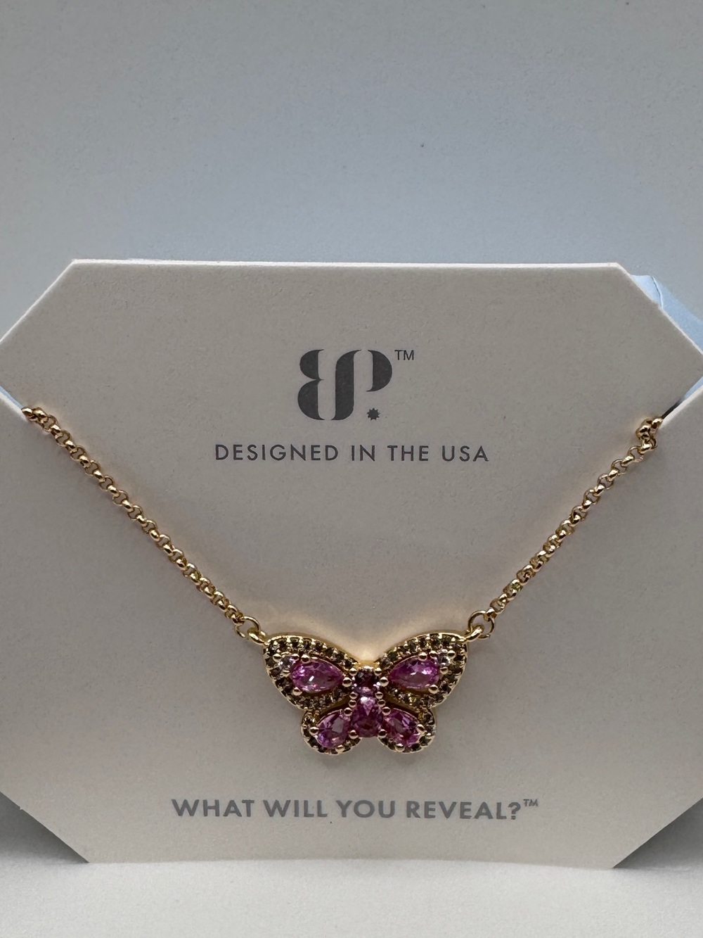 BP Bomb Party Gold Butterfly Necklace - Lab Created Pink Sapphire NWT